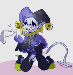 balls bell blush bodily_fluids bottomwear clothed clothing cum cum_in_mouth cum_inside cum_on_face cum_on_hand cum_on_penis cum_on_tongue cum_string disembodied_penis duo erection footwear genital_fluids genitals gloves handwear hat headgear headwear heart_symbol humanoid_genitalia humanoid_penis jester long_ears male male/male not_furry on_ground open_mouth orgasm pants penis penis_poking_out penis_through_fly presenting presenting_penis sharp_teeth shirt shoes simple_background sitting solo_focus teeth tongue tongue_out topwear vein veiny_penis white_background white_eyes mweshmallow deltarune undertale_(series) jevil_(deltarune) darkner humanoid imp 2018 absurd_res hi_res