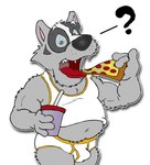 anthro beverage black_body black_fur black_nose black_text blue_sclera border briefs brown_eyes bulge clothed clothing eating food fur grey_body grey_fur holding_beverage holding_food holding_object holding_pizza male musclegut muscular navel open_mouth orange_seam_briefs orange_seam_shirt orange_seam_tank_top pantsless pantsless_anthro pantsless_male pizza question_mark sharp_teeth shirt simple_background solo tank_top teeth teeth_showing text tighty_whities tongue tongue_out topwear underwear white_background white_body white_border white_briefs white_clothing white_fur white_shirt white_tank_top white_topwear white_underwear brucebadger bruce_(brucebadger) badger mammal mustelid musteline hi_res