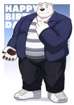 anthro belly black_nose blue_eyes bottomwear clothing humanoid_hands kemono male overweight overweight_male pants shirt solo text topwear white_body 12beat13 utau shirane_kan bear mammal polar_bear ursine 2024 absurd_res english_text hi_res