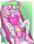 abdl ageplay anthro blue_eyes blush clothed clothing diaper diaper_under_clothing front_view fur gag gagged gloves green_background grey_body grey_fur grey_hair hair handwear infantilism male pacifier pacifier_gag pink_clothing pink_gloves pink_handwear reclining roleplay simple_background solo spiral_eyes spotted_arms spotted_legs stroller wearing_diaper white_body white_diaper white_fur white_hair riddlr felid mammal absurd_res hi_res
