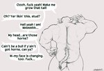 anthro back_muscles balls bovid bovine butt cattle english_text fur genitals growth hi_res horn horn_growth male mammal muscular muscular_male nude papyreit profanity rear_view solo tail tail_growth tail_tuft text transformation tuft