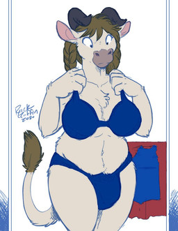 anthro bra braided_hair breasts clothing fur gynomorph hair horn intersex looking_down mirror solo underwear rick_griffin talagrovehorn tala_grovehorn bovid bovine cattle mammal 2025 signature