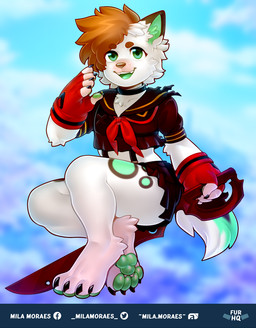 anthro arm_tuft black_claws bottomwear brown_hair brown_nose cheek_tuft chest_tuft choker claws clothed clothing cosplay crop_top crossdressing ear_tuft elbow_tuft facial_tuft fangs femboy fingerless_gloves fur furgonomics gloves green_pawpads green_tongue hair handwear inner_ear_fluff jewelry male markings melee_weapon miniskirt neck_ribbon necklace open_mouth open_smile pawpads paws shirt simple_background skirt smile solo spots spotted_body spotted_fur suspenders sword tail tail_through_skirt teeth tongue topwear tuft weapon white_body white_fur mila.moraes kill_la_kill studio_trigger ryuko_matoi canid canine canis domestic_dog mammal hi_res
