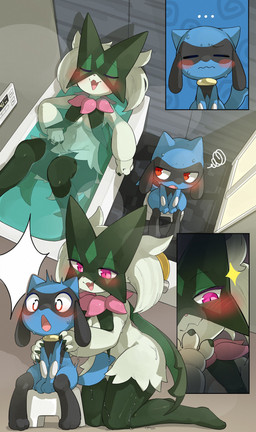 ambiguous_gender anthro bathing blue_body bodily_fluids breast_curtains breasts claws duo ellipsis embarrassed eyes_closed fangs female female/ambiguous fur green_body green_fur green_hair hair kneeling medium_breasts navel open_mouth partially_submerged paws pink_eyes red_eyes sitting solo sparkles sweat tail teeth tongue water wet wet_body wet_fur young bigoyatsu nintendo pokemon felid feline generation_4_pokemon generation_9_pokemon mammal meowscarada pokemon_(species) riolu 2026 absurd_res hi_res