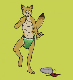 5_fingers anthro black_nose bodily_fluids brown_body brown_fur clothed clothing container cup diaper diaper_only disposable_cup fingers fur genital_fluids green_diaper male on_one_leg sagging_diaper scared simple_background solo standing surprised tan_body tan_fur topless unclean_diaper urine used_diaper wearing_diaper wet_diaper yellow_background sogdog canid canine canis coyote mammal 2023 hi_res