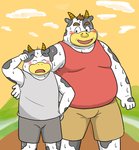 anthro belly black_body blush bodily_fluids bottomwear clothing duo eyes_closed kemono male outside overweight overweight_male shirt shorts sweat tank_top topwear white_body bullbluedog bovid bovine cattle mammal 2020 hi_res