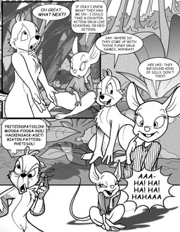 anthro bottomless bottomless_female buckteeth clothed clothing crossed_legs eye_roll female forest grass laugh male mocking plant sitting smile teeth tree chris_fischer chip_'n_dale_rescue_rangers disney chip_(disney) gadget_hackwrench chipmunk ground_squirrel mammal mouse murid murine rodent sciurid hi_res
