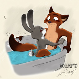 anthro bath blush duo female male acornshield voluxpto disney zootopia judy_hopps nick_wilde canid canine fox lagomorph leporid mammal rabbit red_fox true_fox 1:1 absurd_res colored hi_res