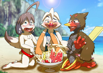 ahoge anal anal_masturbation anal_penetration anthro apple balls banana beach blue_eyes blush bodily_fluids bottomwear bottomwear_down claws clothed clothing cum cum_as_food cum_on_food cumshot detailed_background dildo ejaculation erection feathers food food_fetish food_play fruit fur genital_fluids genitals group group_sex hair half-closed_eyes handjob kneeling looking_pleasured male male/male masturbation melon narrowed_eyes one_eye_closed open_mouth orange_(fruit) orgasm orgasm_face outside partially_clothed pawpads peach_(fruit) penetration penile penile_masturbation penis pink_pawpads plant pubes raised_leg red_eyes sand sea seaside sex sex_on_the_beach sex_toy short shorts shorts_down sitting sky speedo spreading sweat swimwear tongue tongue_out uvula water watermelon young young_anthro nakayan kuinari_yamahara rigel_(kivwolf) suihei_kamomeno avian bird canid canine canis domestic_dog gull lari larid mammal hi_res