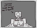 ambiguous_gender arrow_sign black_text border comic_panel grey_background grey_border machine scared simple_background solo text thousand_yard_stare volatilemask new_blood_interactive ultrakill v1_(ultrakill) humanoid robot robot_humanoid english_text greyscale monochrome