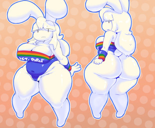 anthro big_breasts big_butt breasts butt candy clothing costume dessert female food hair huge_butt ineffective_clothing leotard long_hair marshmallow mature_anthro mature_female multicolored_clothing outline overweight overweight_anthro overweight_female rainbow_clothing solo thick_thighs vertical_bar_eyes white_body bunsandnoble phoebe_(bunsandnoble) lagomorph mammal