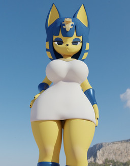 accessory anthro big_breasts black_nose blue_ears blue_eyelids blue_eyes blue_hair bored breasts clothed clothing curvy_figure detailed_background dress egyptian egyptian_clothing egyptian_headdress eyelashes female frown frowning_at_viewer fur hair hand_on_hip hands_on_hips head_accessory jewelry looking_at_viewer looking_down low-angle_view necklace outside solo standing white_clothing white_dress yellow_body yellow_fur dtpncanidatronic hazeker_(modeler) animal_crossing nintendo ankha_(animal_crossing) domestic_cat felid feline felis mammal 3d_(artwork) blender_(artwork) blender_cycles_(artwork) digital_media_(artwork)