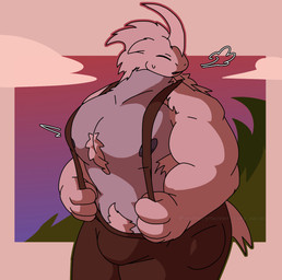 anthro big_muscles big_pecs blue_body blue_nipples body_hair bulge chest_hair clothing eyes_closed flustered fur happy_trail holding_strap horn looking_away male muscular muscular_anthro muscular_male nipples outside overalls overalls_only pecs shirtless shirtless_anthro shirtless_male solo sunset tail white_body white_fur ordinarymanner rimworld mammal thrumbo digital_media_(artwork) hi_res