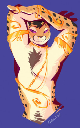 anthro bedroom_eyes bracelet chain clothed clothing jewelry looking_at_viewer male narrowed_eyes pose ring seductive smile solo topless nolow nolow_(character) cheetah felid feline mammal 2021 hi_res pinup