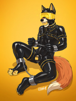anthro ball_gag bdsm biped bound chastity_bulge chastity_device clothing collar cuff_(restraint) drone dronification gag half-closed_eyes handcuffed handcuffs harness hypnosis hypnotic_visor latex latex_clothing latex_skinsuit leather leather_collar leather_cuffs legcuffs lock_bulge lock_symbol male metal_cuffs mind_control muscular muscular_anthro muscular_male muscular_sub narrowed_eyes null_bulge restraints simple_background skinsuit solo submissive submissive_anthro submissive_male tight_clothing wearing_chastity_device junkieboi canid canine fox mammal red_fox true_fox hi_res