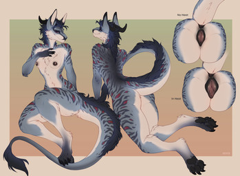 animal_genitalia animal_vulva anthro areola belly black_areola black_horn black_nipples blue_body breasts butt chest_tuft claws ears_up female genitals horn lying markings nipples on_front orange_eyes red_markings simple_background sitting slim small_breasts solo tail tail_tuft tuft white_belly wia yarrow_(kneiff) felkin hi_res model_sheet