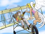 aircraft airplane armor duo eyewear feathers female flying goggles headgear helmet male pilot vehicle wings terriekitten roland_guiscard angel canid canine domestic_cat felid feline felis fox mammal 4:3