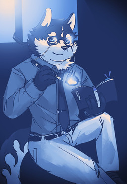 accessory anthro black_body black_fur black_nose book bottomwear clothing eyewear fur glasses humanoid_hands kemono magic male necktie overweight overweight_male pants shirt solo topwear white_body white_fur natamaru_a lifewonders tokyo_afterschool_summoners masanori_(tas) canid canine canis domestic_dog husky mammal nordic_sled_dog spitz 2021 hi_res
