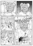 absurd_res adam_flint anthro attack bear black_and_white blood bodily_fluids canid canine clothed clothing comic dialogue duo english_text female first_person_view fox hi_res inner_ear_fluff kifyun2 knife magic male mammal monochrome scar simple_background sound_effects speech_bubble stab_wound text tuft