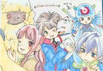 anthro blush brown_hair female fur grey_hair group hair hair_over_eyes horn hug male smile tentacles yellow_body yellow_fur komoriharuori bandai_namco digimon digimon_ghost_game hiro_amanokawa kiyoshiro_higashimitarai ruri_tsukiyono angoramon digimon_(species) gammamon human humanoid jellymon mammal hi_res