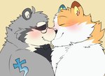 anthro blush duo eyes_closed eyewear glasses grey_body kemono kissing male overweight overweight_male tattoo white_body ginnosuke canid canine canis domestic_dog mammal procyonid raccoon 2022 absurd_res hi_res