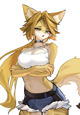 anthro arm_tuft blonde_hair bottomwear breasts choker clothing crop_top crossed_arms denim denim_bottomwear denim_clothing denim_shorts eyebrows eyelashes female fur green_eyes hair inner_ear_fluff jewelry midriff neck_tuft necklace open_mouth shirt shorts shoulder_tuft solo topwear tuft white_body white_fur yellow_body yellow_fur sleeping_tofu mihoyo zenless_zone_zero pulchra_fellini felid feline felis mammal thiren 2025 absurd_res hi_res