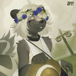 allergy anthro black_body black_fur black_tail bodily_fluids breasts clothed clothed_female clothing female female_anthro flower flower_crown fur hat headgear headwear holding_clothing holding_hat holding_headgear holding_headwear holding_object looking_at_viewer plant runny_nose solo tail tears white_body white_fur swiwwel mammal mephitid skunk 1:1 2025 absurd_res digital_media_(artwork) hi_res signature