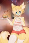 absolute_territory anthro bacon blonde_hair blue_blush blue_eyes blue_tongue blush bottomwear bulge burger clothed clothing dialogue femboy food footwear fully_clothed fur hair holding_burger holding_food holding_object holding_plate hooters_uniform inner_ear_fluff inside legwear male meat open_mouth orange_bottomwear orange_clothing orange_shorts photo_background shirt short_snout shorts snout socks solo standing starry_eyes tank_top text text_on_clothing text_on_shirt text_on_tank_top text_on_topwear thigh_highs thigh_socks tongue topwear tuft white_clothing white_footwear white_legwear white_shirt white_socks white_tank_top white_thigh_highs white_thigh_socks white_topwear yellow_body yellow_fur fredek666 femboy_hooters hooters canid canine fox mammal digital_media_(artwork) english_text hi_res photography_(artwork) shaded