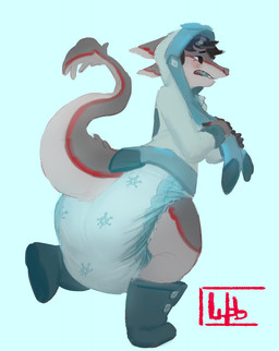 ambiguous_gender anthro big_diaper black_hair black_sclera blue_background blue_boots blue_clothing blue_footwear blue_hoodie blue_topwear blush blush_lines boots button_(fastener) clean_diaper clothed clothing costume diaper ears_back fingerless_(marking) footwear frown fur grey_body grey_fur grey_tail hair hoodie logo looking_back multicolored_body multicolored_fur multicolored_tail on_one_leg open_frown open_mouth pivoted_ears pokemon_costume red_body red_fur red_tail sharp_teeth shoes simple_background snowflake_pattern solo standing tail teeth three-quarter_view topwear wearing_diaper wob nintendo pokemon cryo_lithius eeveelution generation_4_pokemon glaceon pokemon_(species) sergal 2019 artist_logo full-length_portrait hi_res portrait