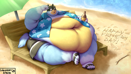 alcohol aloha_shirt anthro beach beer beer_bottle belly belly_overhang belly_rolls beverage big_belly big_butt big_moobs black_body black_fur black_nose blue_body blue_fur bottle bottomwear butt chair claws clothed clothing container deep_navel detailed_background eyewear eyewear_on_head fat_arms fat_legs flabby_arms flabby_legs footwear fur furniture holidays huge_belly huge_butt huge_moobs hyper hyper_belly ill-fitting_clothing looking_at_viewer lying male moobs morbidly_obese multicolored_body multicolored_fur navel obese on_back open_mouth overweight overweight_anthro overweight_male pattern_clothing pattern_shirt pattern_topwear relaxing sand sandals shirt shoes shorts skimpy solo stick sunglasses sunglasses_on_head tail thick_thighs topwear umbrella water wearing_sunglasses wide_hips yellow_body yellow_fur wenisberry bluey_(series) father's_day bandit_heeler australian_cattle_dog canid canine canis cattledog domestic_dog herding_dog mammal pastoral_dog 16:9 2024 hi_res signature widescreen