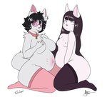 anthro arm_tuft bell bell_collar big_breasts black_hair blue_eyes both_pregnant breasts chest_tuft clothing collar duo eyewear featureless_breasts female fur glasses hair inner_ear_fluff intersex kneeling legwear long_hair looking_aside looking_at_viewer monotone_body monotone_fur multiple_pregnancies nipples nude_modelling pink_eyewear pink_nipples pink_sunglasses pregnant shoulder_tuft simple_background smile squish sunglasses text thick_thighs thigh_highs thigh_highs_only thigh_squish tuft white_background white_body white_eyes white_fur sugary_skye skye_(sugary_skye) skye_(tinycatskye) felid feline mammal artist_name colored digital_media_(artwork) flat_colors hi_res signature gynomorph_(lore)