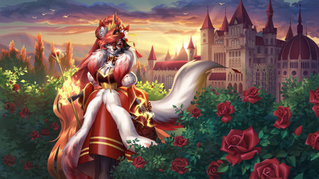 anthro breasts castle cleavage clothed clothing crown dress female flower headgear horn plant red_eyes rose_(flower) scepter shrub solo sunset tiara tree holivi avian bird canid canine canis mammal wolf hi_res