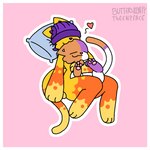 border cuddling duo female fur heart_reaction heart_symbol male male/female orange_body orange_fur pawpads pillow purple_body purple_fur sleeping white_body white_border white_fur yellow_body yellow_fur theenyface capcom monster_hunter butters_(theenyface) cally_(theenyface) domestic_cat felid feline felis felyne lynian mammal palico 1:1 digital_drawing_(artwork) digital_media_(artwork) flat_colors