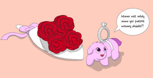 ambiguous_feral ambiguous_gender baby_talk bouquet dialogue digit_ring feral flower fur jewelry looking_at_another marriage_proposal offscreen_character open_mouth pink_body pink_eyes pink_fur pink_ribbon plant purple_tail red_rose ring rose_(flower) simple_background solo speech_bubble tail tan_background text wedding_ring young young_ambiguous young_feral carpdime fluffy_pony fluffy_pony_(species) mammal digital_media_(artwork) english_text intralingual_translation shaded
