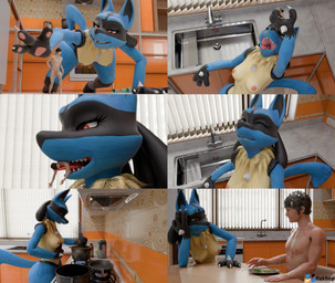 6_panel_comic after_vore anthro anthro_pred bodily_fluids cooking duo extreme_size_difference female female_anthro female_pred food furniture genitals imminent_vore kitchen larger_anthro larger_female larger_pred licking licking_lips male male/female micro micro_human nude oral_vore penis plate saliva sharp_teeth size_difference smaller_human smaller_male swallowing table teeth tongue tongue_out vore hakhop nintendo pokemon generation_4_pokemon human lucario mammal pokemon_(species) 2026 3d_(artwork) absurd_res blender_(artwork) blender_cycles_(artwork) comic digital_media_(artwork) hi_res