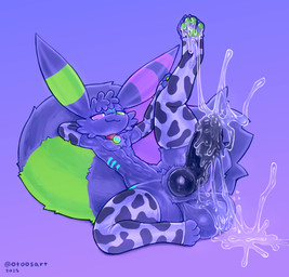 abs animal_print anthro armwear balls big_balls big_knot big_penis big_tail bodily_fluids butt clothing cow_print cum cum_on_balls cum_on_feet cum_on_ground cum_splatter dripping ejaculation erection excessive_cum excessive_genital_fluids excessive_precum feet fluffy genital_fluids genitals glistening glistening_genitalia glistening_penis glowing glowing_eyes green_pawpads hands_behind_head huge_penis hyper hyper_genitalia hyper_penis jewelry knot legwear looking_at_viewer lying male necklace on_back pawpads penis precum precum_drip precum_on_balls precum_on_ground precum_string purple_body raised_leg relaxing smile smirk smug solo sweat sweaty_balls sweaty_butt sweaty_genitalia sweaty_penis tail thigh_highs throbbing throbbing_balls throbbing_knot throbbing_penis vein veiny_penis wet wet_clothing otoos titan_(dstitan) canid canine deity fox mammal absurd_res hi_res