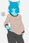 anthro bangs big_breasts biped blue_body blue_ears blue_fur blue_hair bottomwear breasts brown_clothing brown_sweater brown_topwear clothed clothed_anthro clothed_female clothing collarbone cosplay drawstring_pants eyelashes female female_anthro front_view fur grey_bottomwear grey_clothing grey_pants hair logo long_hair looking_down mouth_closed pants pink_nose pointy_ears prick_ears purple_eyes simple_background solo standing sweater topwear white_background sr_pizzooo cartoon_network the_amazing_world_of_gumball gumball_watterson nicole_watterson domestic_cat felid feline felis mammal 2024 artist_logo hi_res