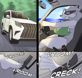 anthro big_breasts bottomwear breasts car clothing driving driving_car feet female fur gas_pedal grey_hair hair mask red_eyes sitting solo sound_effects text thick_thighs topwear vehicle white_body white_fur sorakamis bandai_namco digimon digimon_(species) wolvermon 2026 digital_media_(artwork) english_text hi_res