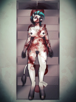 anthro areola autopsy_table blood blood_on_face blood_puddle bodily_fluids breasts clenched_teeth corpse death ear_piercing ear_ring eyebrow_piercing facial_piercing female female_death fur genitals gore gore_focus hair hairy_vulva hooves lying morgue navel nipple_piercing nipples nose_piercing nose_ring nude on_back piercing ring_piercing snuff solo stab_wound stripes tail tattoo teeth vulva wounded frostbite80 equid equine mammal zebra 3:4 digital_media_(artwork) hi_res