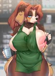 anthro apron apron_only areola big_breasts bodily_fluids breasts brown_hair clothing container cup curvy_figure eyewear female female_anthro glasses green_apron green_clothing hair holding_container holding_cup holding_object holding_pen huge_breasts inverted_nipples lactating left-handed mostly_nude nipples one_breast_out pen solo standing thick_thighs voluptuous wide_hips cecily_lin i_mean_breast_milk marina_(cecily_lin) canid canine canis domestic_dog mammal absurd_res hi_res meme