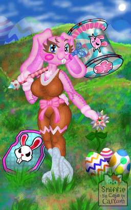 anthro big_breasts black_eyes blue_eyes bow_ribbon breasts buckteeth clothed clothing easter_egg female fluffy footprint fully_clothed gloves hammer handwear holidays looking_at_viewer meadow pawprint pink_body plushie ranged_weapon shield shuriken sky smile solo standing sun teeth text tools walking weapon whiskers sniffie cubic_games easter pixel_gun_3d animate_inanimate domestic_cat felid feline felis humanoid lagomorph leporid mammal rabbit 5:8 absurd_res digital_media_(artwork) hi_res