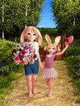 anthro duo female flower male outside plant standing young young_anthro vitki lagomorph leporid mammal rabbit 2020 3:4 3d_(artwork) digital_media_(artwork) hi_res signature