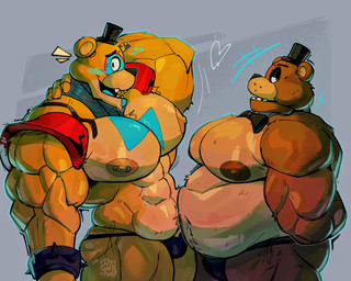 anthro belly biceps black_clothing black_underwear blue_blush blush bow_tie bracelet brown_body brown_fur butt clothing duo fur half-closed_eyes hand_on_neck hat headgear headwear heart_symbol jewelry machine male moobs mostly_nude muscular muscular_anthro muscular_arms muscular_male narrowed_eyes nipple_piercing nipples orange_body orange_fur overweight overweight_anthro overweight_male pecs piercing quads red_shoulder_pads spiked_bracelet spikes top_hat underwear its_coldpizza five_nights_at_freddy's five_nights_at_freddy's:_security_breach scottgames steel_wool_studios freddy_(fnaf) glamrock_freddy animatronic bear mammal robot hi_res