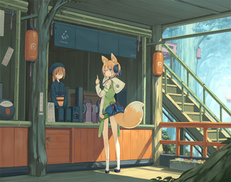 asian_clothing blonde_hair blue_eyes brown_hair clothed clothing day detailed_background duo east_asian_clothing electronics female footwear fully_clothed hair headphones hoodie lamp lantern legwear looking_at_viewer outside paper_lantern plant shoes slice_of_life socks standing store thin_calves thin_legs thin_thighs topwear tree poco kitsune_(poko) animal_humanoid canid canid_humanoid canine canine_humanoid fox_humanoid human humanoid mammal mammal_humanoid 2016 digital_media_(artwork) full-length_portrait portrait