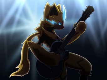 anthro blue_eyes claws electric_guitar finger_claws fur fur_tuft glowing glowing_eyes guitar holding_guitar holding_musical_instrument holding_object musical_instrument plucked_string_instrument solo string_instrument tuft yellow_body yellow_ears yellow_fur kemonobito nintendo pokemon generation_7_pokemon legendary_pokemon pokemon_(species) zeraora 2020 4:3