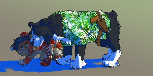 bandage blood bodily_fluids cast clothing duo feral fur grin gun hair male nub_tail nude ranged_weapon simple_background size_difference smile tail tail_between_legs threatening weapon wounded puppyratcat canid canine canis domestic_dog mammal hi_res