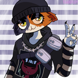 5_fingers ambiguous_gender anthro armwear beanie black_beanie black_clothing black_hat black_headwear black_hoodie black_topwear canister clothing fingers gesture hand_gesture hat headgear headwear hoodie looking_at_viewer mottled pattern_armwear pattern_background pattern_clothing piebald sardine_tin simple_background sleeves solo striped_armwear striped_background striped_clothing stripes topwear v_sign teadeploy epic_games fortnite meow_skulls calico_cat domestic_cat felid feline felis mammal 1:1 2022 absurd_res digital_media_(artwork) hi_res female_(lore)
