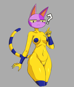 anthro blue_body breasts female genitals grey_background head_swap looking_down male modular nipples nude purple_nipples question_mark simple_background solo vulva yellow_body iwantcheeseburger animal_crossing nintendo ankha_(animal_crossing) bob_(animal_crossing) domestic_cat felid feline felis mammal 2026