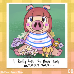 2_toes anthro bangs blue_eyes blue_inner_ear blue_stripes cheek_spots closed_smile clothed clothed_anthro clothed_female clothing dress eyelashes feet female female_anthro floppy_ears flower fur grass happy hooves light looking_at_viewer medium_hair mouth_closed multicolored_clothing multicolored_dress number outside pattern_clothing pattern_dress photo pink_hooves plant purple_flower sitting sitting_on_ground slightly_chubby slightly_chubby_anthro slightly_chubby_female smile smiling_at_viewer snout solo spread_legs spreading striped_clothing striped_dress stripes tan_body tan_fur text title toes two_tone_clothing two_tone_dress white_clothing white_dress white_flower yellow_flower cookieboy011 animal_crossing nintendo peggy_(animal_crossing) domestic_pig mammal suid suine sus_(pig) 1:1 2022 colored digital_drawing_(artwork) digital_media_(artwork) english_description english_text lighting shaded story story_in_description