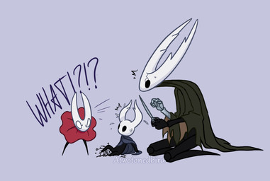 2_horns aged_up alternate_form ambiguous_gender anthro biped black_body black_eyes blue_cloak blue_clothing bodily_fluids bolt_emanata buried cloak clothing confusion dialogue emanata empty_eyes facial_scar flustered grey_background grey_cloak grey_clothing group holding_object holding_scissors horn interrobang kneeling looking_at_another mouthless personal_grooming plant prosthetic prosthetic_arm prosthetic_limb pruning raised_leg red_cloak red_clothing roots scar scissors shocked simple_background size_difference surprised sweat sweatdrop talking_to_another text trimming_(grooming) trio white_body white_eyes white_horn yelling_at_another atwotonedbird hollow_knight_(franchise) team_cherry hollow_knight_(character) hornet_(hollow_knight) the_knight_(hollow_knight) arachnid arthropod spider vessel_(species) 2026 artist_name digital_drawing_(artwork) digital_media_(artwork) english_text watermark female_(lore) half_sister_(lore) sibling_(lore)